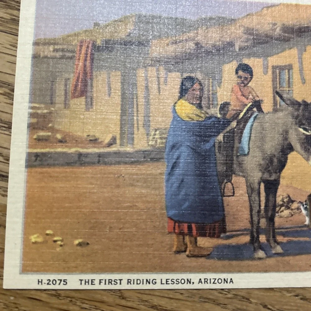 Postcard Fred Harvey - First Riding Lesson in Arizona - Native American